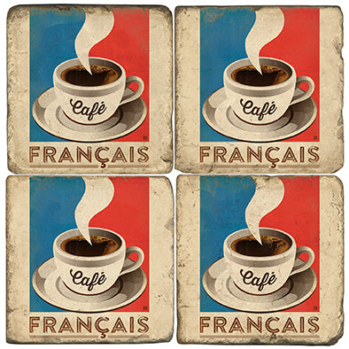 Café Français Coaster - set of 4  Hand printed in the USA on tumbled Italian marble.  4 x 4 tumbled marble.  Corked Back.  Sold as set of 4  Custom imprints available as well - direct message for details.  These 4" X 4" coasters are handmade by artisans in the US. The stone used is a tumbled marble, quarried in Italy. Natural variations on the surface are to be expected, and enhance the unique beauty of each tile.