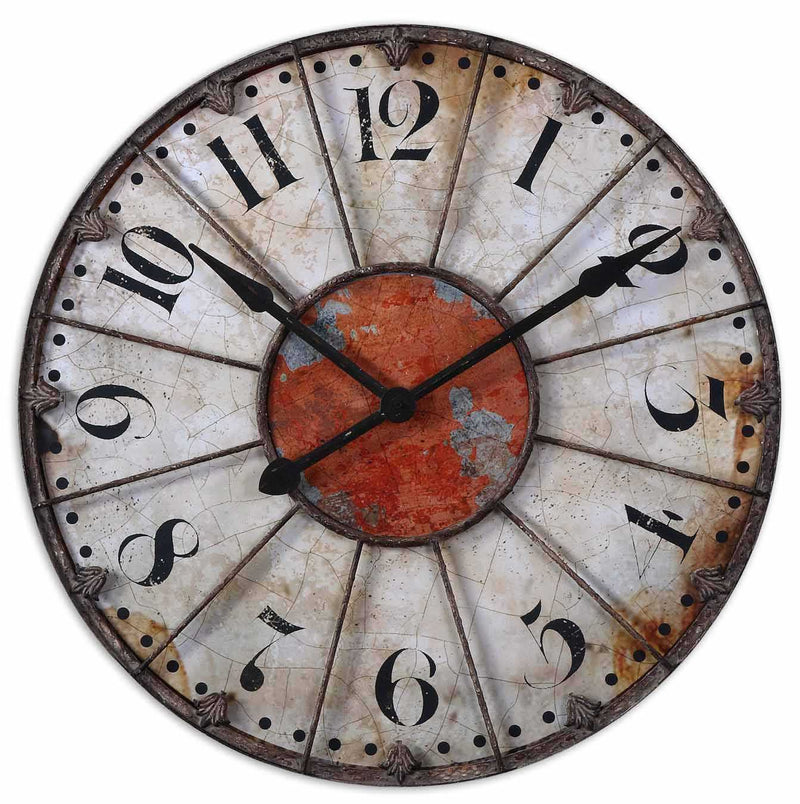 Ellsworth Wall Clock  Wall clock featuring a crackled ivory face with rust red accent and rustic bronze metal details. Quartz movement ensures accurate timekeeping. Requires one "AA" battery.  Dimensions:29 W X 29 H X 2 D (in)