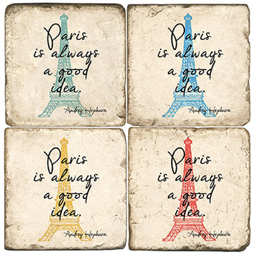 Always Paris Coaster - Set of 4  Hand printed in the USA on tumbled Italian marble.  4 x 4 tumbled marble.  Corked Back.  Sold as set of 4  Custom imprints available as well - direct message for details.  These 4" X 4" coasters are handmade by artisans in the US.  Drink coaster Paris