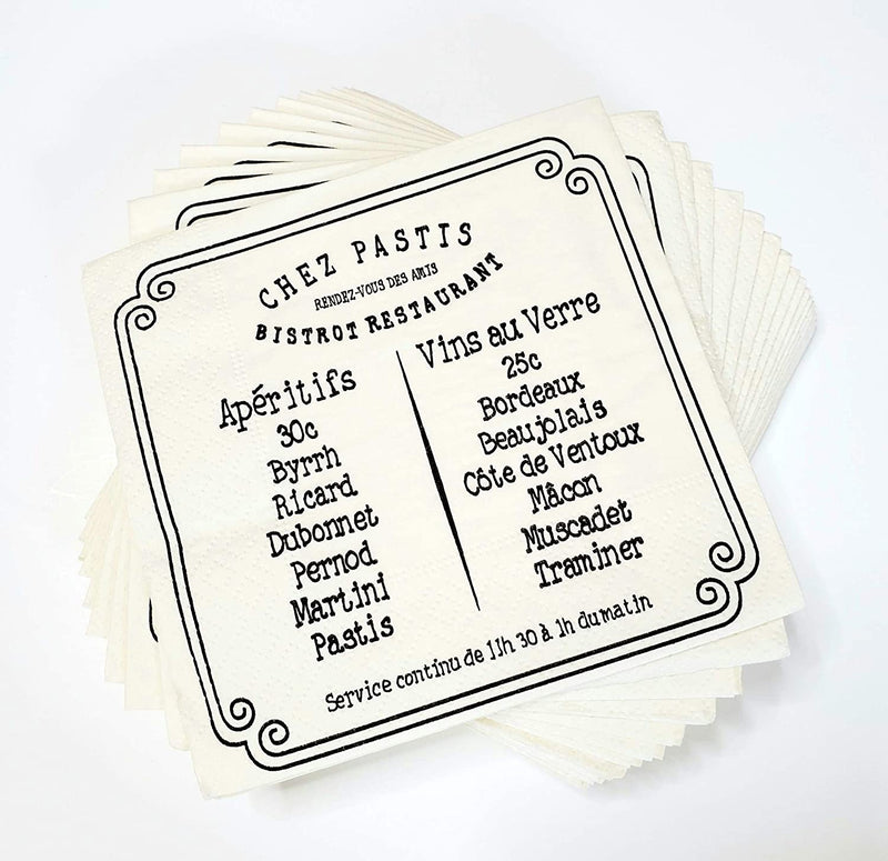 Chez Pastis Paper Napkin Set  The Chez Pastis line is popular with our clients and these paper napkins complete the delightful set from artist Jill Butler. High quality, 2-ply napkins, 20 per pack, printed in Germany.  Includes 20 napkins 4.5'' W x 4.5'' H Paper