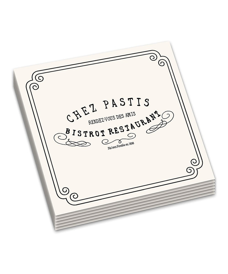 Chez Pastis Paper Napkin Set  The Chez Pastis line is popular with our clients and these paper napkins complete the delightful set from artist Jill Butler. High quality, 2-ply napkins, 20 per pack, printed in Germany.  Includes 20 napkins 4.5'' W x 4.5'' H Paper