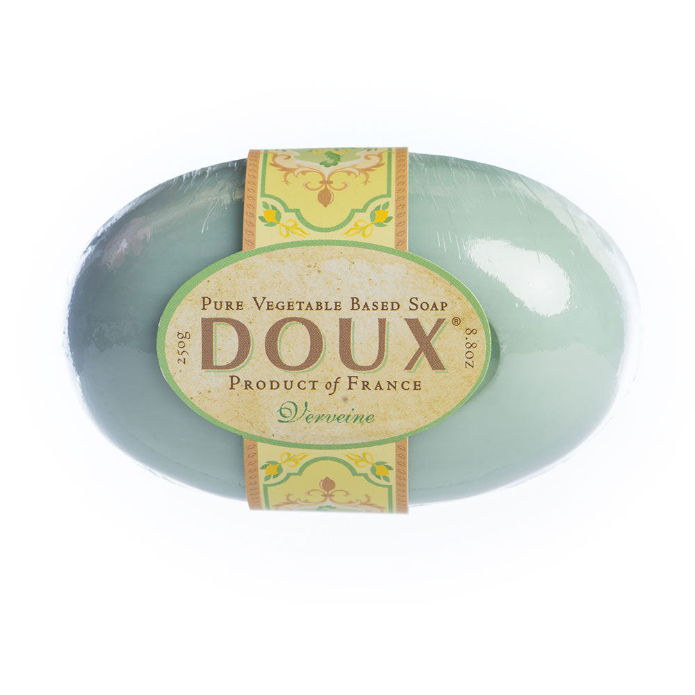 Doux French Milled Soap - Verbena  These are like no other soaps you’ve ever tried. The most luxurious soaps possible, each big, 250-gram bath bar is hand-crafted, milled four times, in a small workshop in Marseille following old traditions and using only the finest ingredients. French milled and hand-crafted, one at a time, from rich shea butter, pure olive and palm oils and natural fragrances from the Provençal countryside, DOUX® soaps from the South of France are like no other soaps in the world.  