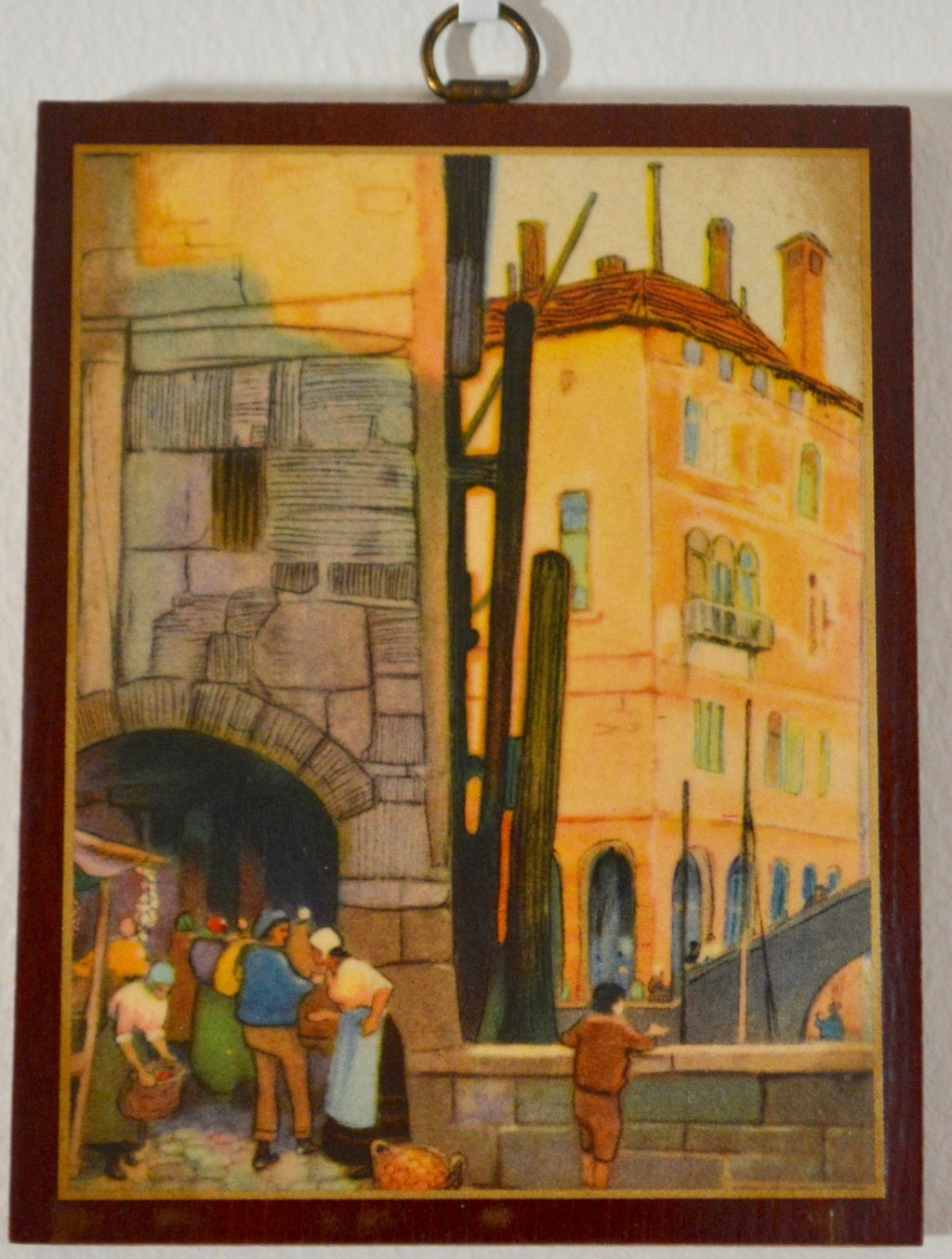 Antique Miniature Print of French Scene  Charming Antique French village scene printed and mounted on wood. O ring for hanging.  3.5"w x 4.5"h