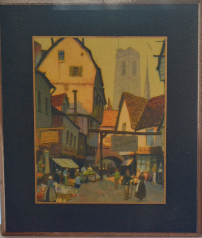 Antique Print of French Scene - Wood mounted  Charming little French village scene.  4"w x 5"h