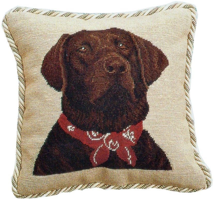 Chocolate Lab Aubusson Pillow  This handmade Aubusson style pillow is made with the finest vegetable-dyed Australian and New Zealand wool threads. All of our pillows have 100% cotton-velvet backing and feather down inserts. Each is a unique artistic achievement.  Petit point chocolate labrador..with 2 color cording.  A beautiful addition to our pillow collection and perfect for your French home decor.  Dry clean. 12"x12"