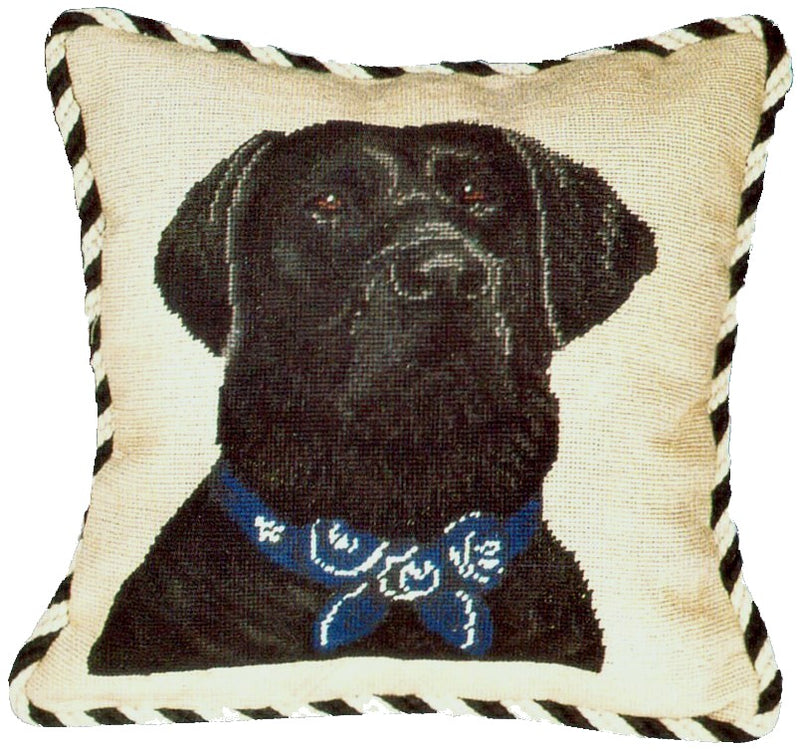 Black Lab Aubusson Pillow  This handmade Aubusson style pillow is made with the finest vegetable-dyed Australian and New Zealand wool threads. All of our pillows have 100% cotton-velvet backing and feather down inserts. Each is a unique artistic achievement.  Petit point black labrador with 2 color cording.  A beautiful addition to our pillow collection and perfect for your French home decor.  Dry clean. 12"x12"