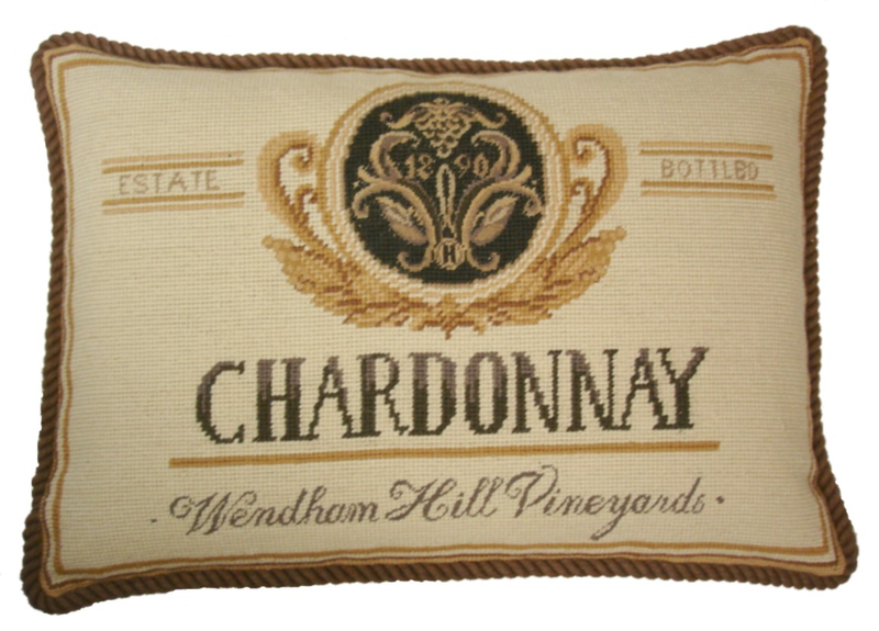 Chardonnay Aubusson Pillow  This handmade Aubusson style pillow is made with the finest vegetable-dyed Australian and New Zealand wool threads. All of our pillows have 100% cotton-velvet backing and feather down inserts. Each is a unique artistic achievement.  Finest petit point detail gross point back Angela Staehling design "Wendham Hill Vineyard" with cording.  A beautiful addition to our pillow collection and perfect for your French home decor.  Dry clean. 13"x19"