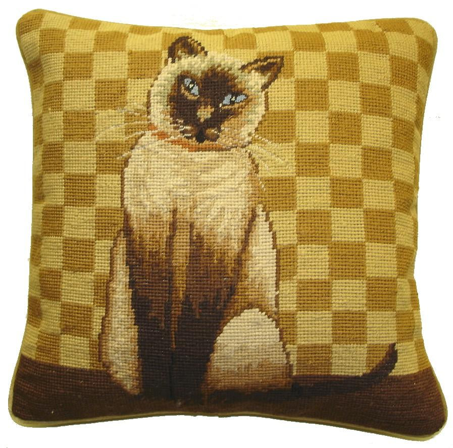 Cat Aubusson Pillow  This handmade Aubusson style pillow is made with the finest vegetable-dyed Australian and New Zealand wool threads. All of our pillows have 100% cotton-velvet backing and feather down inserts. Each is a unique artistic achievement.  Gross point with finest petit point detail badge brown cat gold checker.  A beautiful addition to our pillow collection and perfect for your French home decor.  Dry clean. 15"x15"