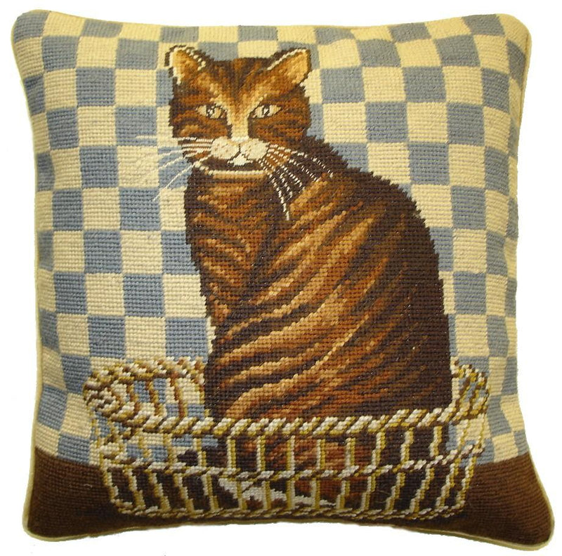 Brown Cat Aubusson Pillow  This handmade Aubusson style pillow is made with the finest vegetable-dyed Australian and New Zealand wool threads. All of our pillows have 100% cotton-velvet backing and feather down inserts. Each is a unique artistic achievement.  Gross point with finest petit point detail brown cat blue checker.  A beautiful addition to our pillow collection and perfect for your French home decor.  Dry clean. 15"x15"