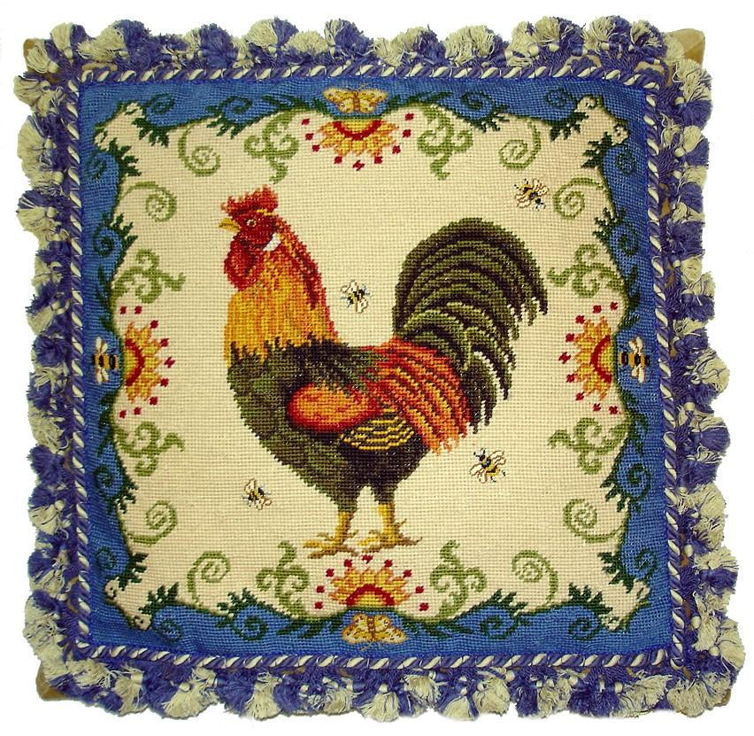 Blue Rooster Aubusson Pillow  This handmade Aubusson style pillow is made with the finest vegetable-dyed Australian and New Zealand wool threads. All of our pillows have 100% cotton-velvet backing and feather down inserts. Each is a unique artistic achievement.  Finest petit point chicken gross point floral with tassels.  A beautiful addition to our pillow collection and perfect for your French home decor.  Dry clean. 20"x20"
