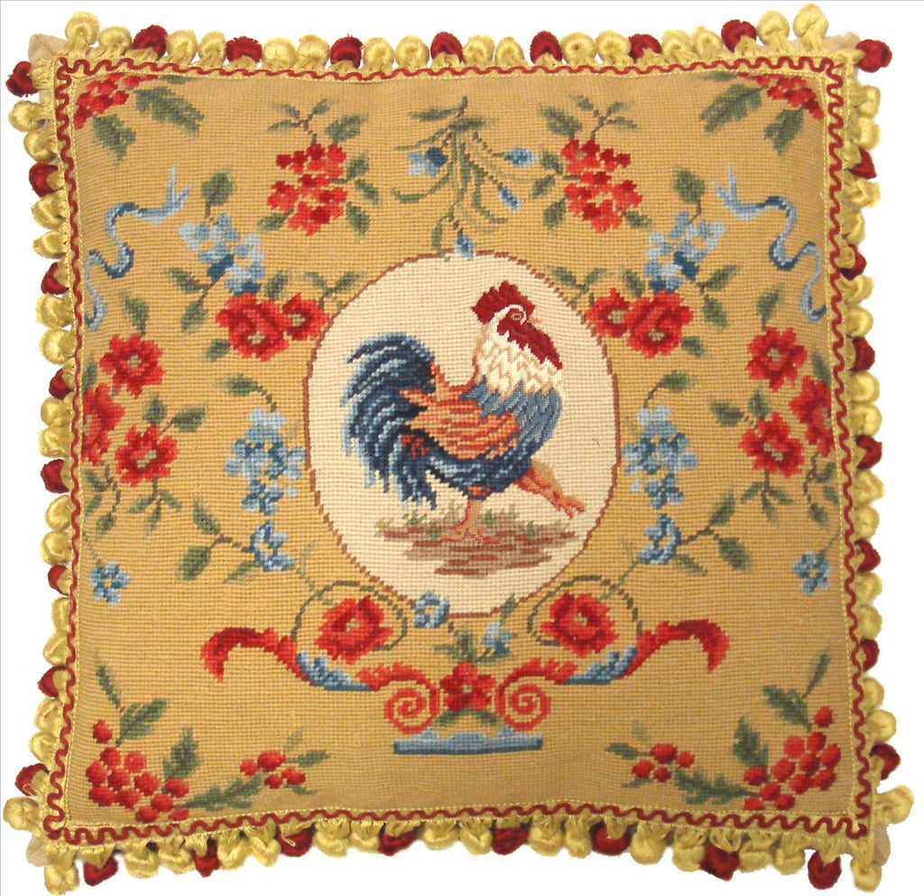 Chicken Aubusson Pillow  This handmade Aubusson style pillow is made with the finest vegetable-dyed Australian and New Zealand wool threads. All of our pillows have 100% cotton-velvet backing and feather down inserts. Each is a unique artistic achievement.  Finest petit point chicken gross point floral with tassels.  A beautiful addition to our pillow collection and perfect for your French home decor.  Dry clean. 20"x20"