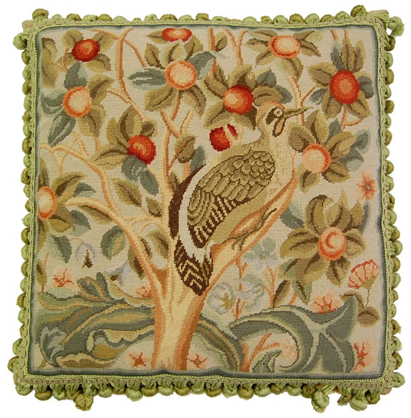  Partridge in a Pear Tree Aubusson Pillow  - beige partridge in pear tree with red pears