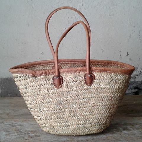 Leather Trimmed French Market Basket - Long Handles
