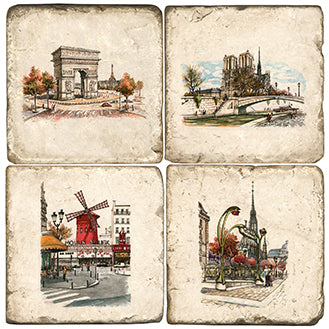 Paris Landmarks Coaster  - set of 4 with windmill, arc de triomphe, notre dame and Paris metro