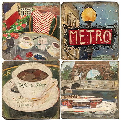 Paris Life Coaster - set of 4 - cafe chair, cafe cup, boat on the seine and metro sign