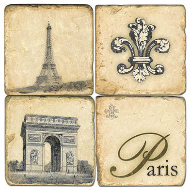 Retro Paris Coaster  - set of 4 Eiffel Tower, fleur de lys, arc de triomphe, Paris