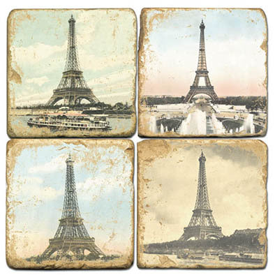 Eiffel Tower Coaster Set  Hand printed in the USA on tumbled Italian marble.  4 x 4 tumbled marble.  Corked Back.  Sold as set of 4  Custom imprints available as well - direct message for details.  These 4" X 4" coasters are handmade by artisans in the US. The stone used is a tumbled marble, quarried in Italy. Natural variations on the surface are to be expected, and enhance the unique beauty of each tile.