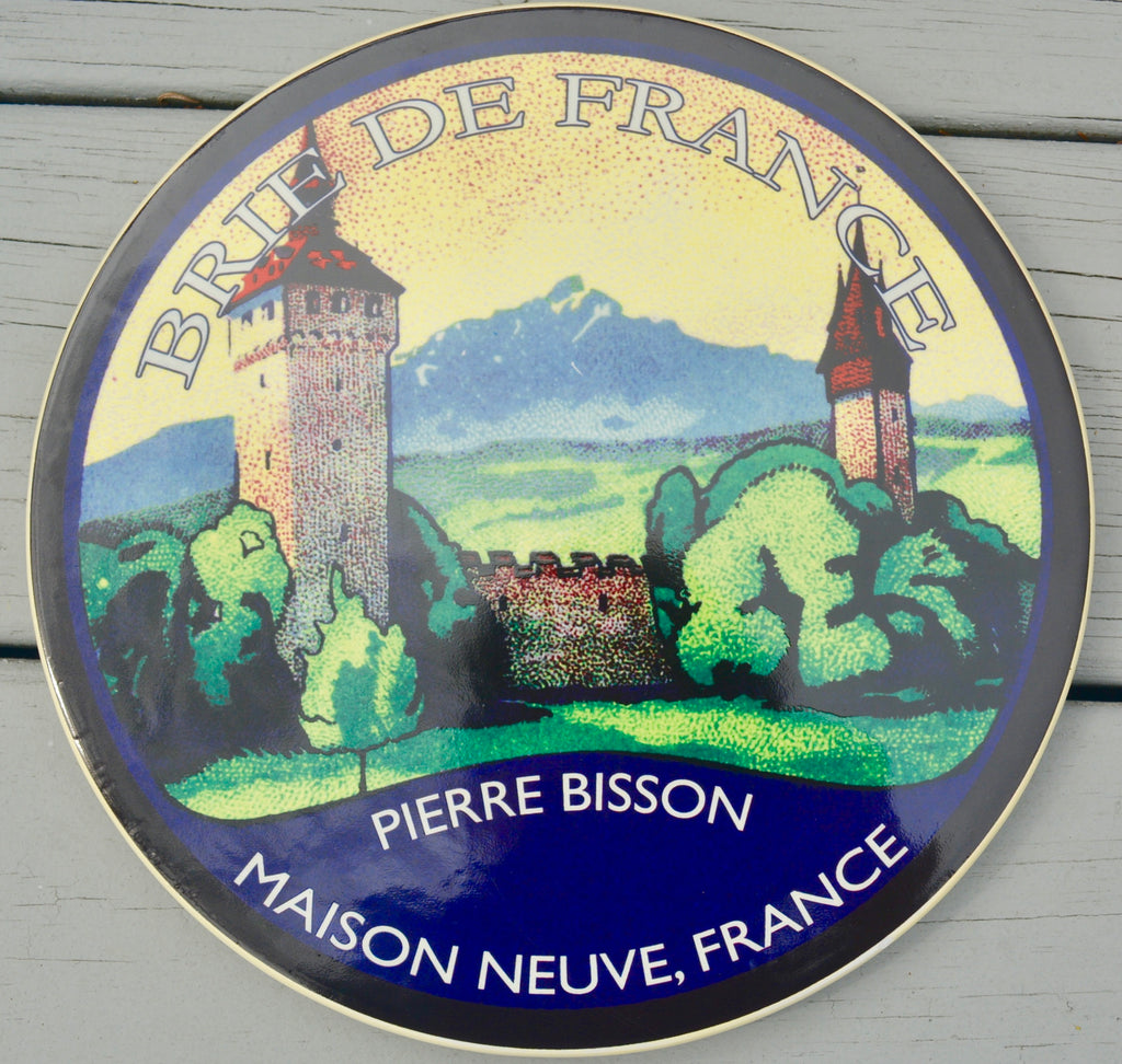 Footed cheese platter inscribed Brie de France Pierre Bisson, Maison Neuve, France Platter  Almost vintage, imported.  10" footed platter